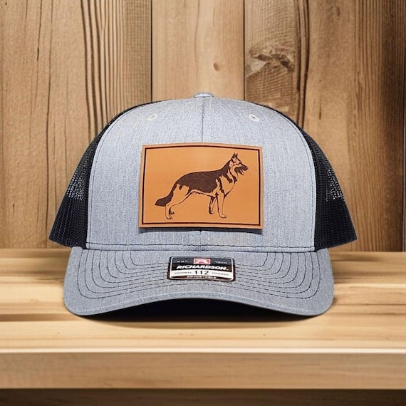 German Shepherd Trucker Hat: Leather Patch, American Flag Design
