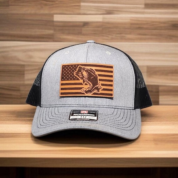 Fishing Hat - Fisherman Trucker Hat - American Flag Hat - Outdoor Angler Hat - Leather Patch Hat - Fishing Gift for Men - Richardson 112