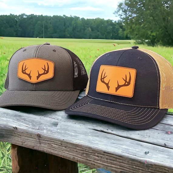 Deer Antler Trucker Hat, Leather Patch Hunting Hat, Camo Deer Hat for Dad, Deer Hunting Gift for Men, Richardson 112 Hunting Snapback Hat