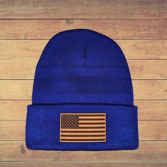 American Flag Winter Hat, USA Beanie, American Flag Beanie, American Flag Leather Patch Beanie, Military Gift, 12" Cuffed Beanie