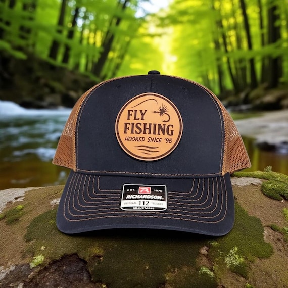 Fly Fishing Trucker Hat - Leather Patch Snapback Hat - Fisherman Gift - Outdoor Fishing Hat for Men & Women - Richardson 112