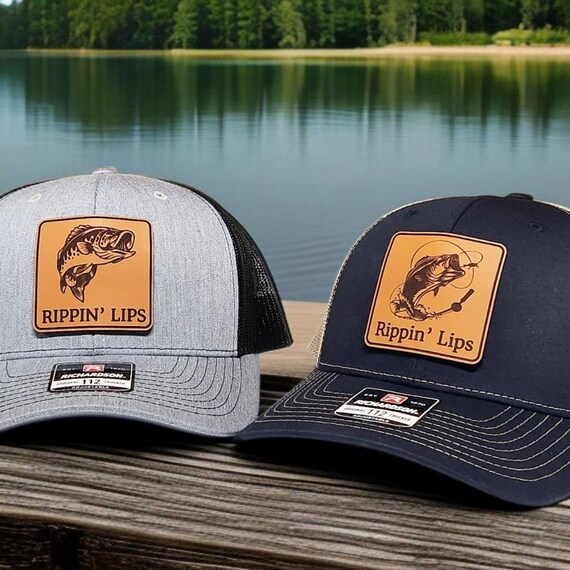 Bass Fishing Hat, Rippin Lips, Trucker Hat, Large Mouth Bass Gift, Fisherman Gift for Dad or Husband, Leather Patch Snapback Camo Hat