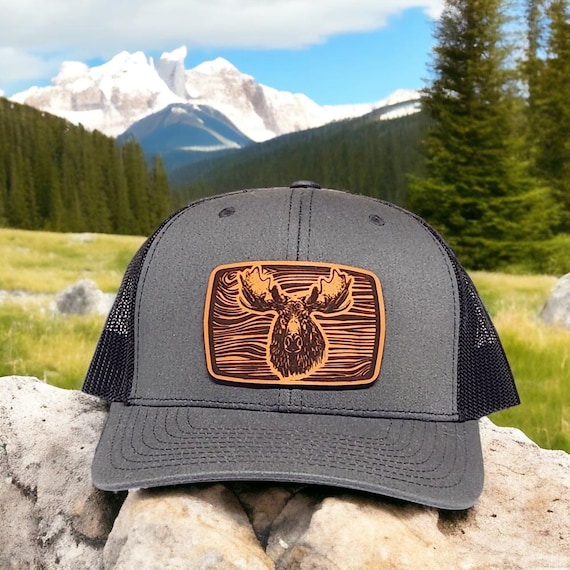 Moose Leather Patch Trucker Hat – Outdoor Hunting Gift for Men, Dad, Husband and Hunters - Deer Hunting Hats - Richardson 112 Snapback Hat