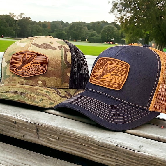 Camo Duck Hunting Hat, Trucker Hat with Leather Patch, Waterfowl Gift, Duck Hunting Hat, Outdoors Hat for Dad or Husband, Richardson 112