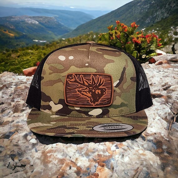 Elk Hunting Leather Patch Trucker Hat - Hunting Gift for Him - Hat for Dad - Outdoorsman Cap - Flat Bill Hat - Hunters Gift