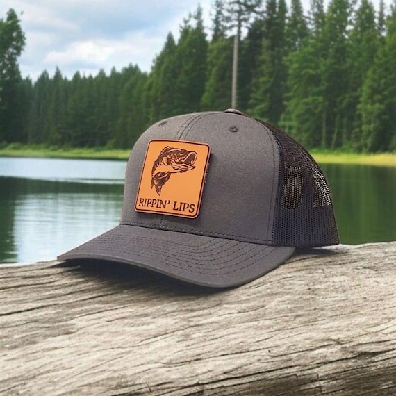 Fishing Hat, Rippin Lips Bass Hat, Trucker Hat, Fishing Hunting Gift, Fisherman Gift for Dad or Husband, Leather Patch Snapback, Camo Hat