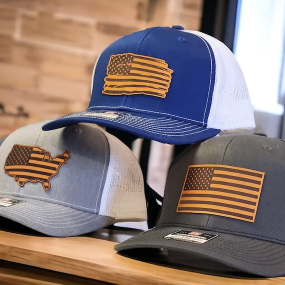 American Flag Hat, Trucker Hat, Leather Patch Hats, USA Flag Hat, Patriotic Hat, Distressed American Flag Baseball Cap, Military Gift Ideas