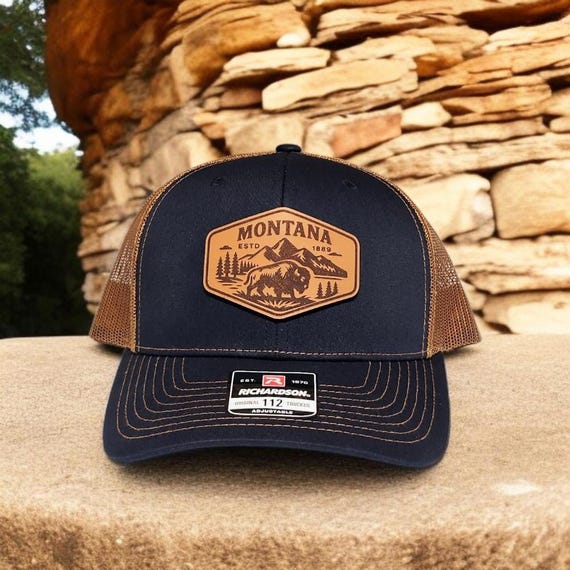 Montana Trucker Hat - Leather Patch Montana Hat - Montana Gift for Dad or Husband - Big Sky Country Hat - Richardson 112 Camo - Montana 406