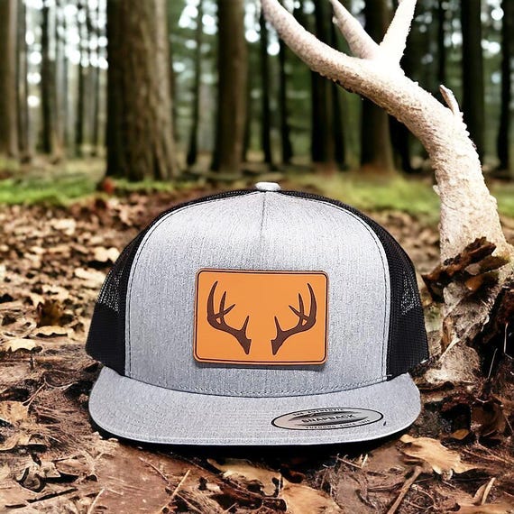 Flat Bill Antler Hat, Deer Hunters Gift, Deer Hunting Trucker Hat, Deer Antlers Hat, Hunting Gift for Husband, Leather Patch Hat, Camo Hat