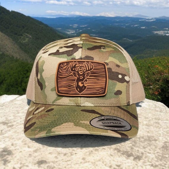 Deer Hunting Hat - Trucker Hat with Leather Patch - Hunting Gift for Dad - Outdoorsman Hat - Camo Hunting Hat - Richardson 112 Snapback