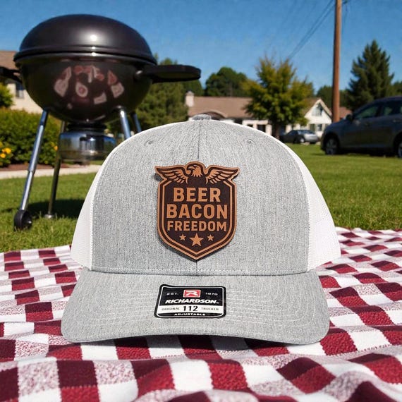 Beer Bacon Freedom Trucker Hat - Funny Patriotic Hat for Men - American Pride Gift for Dad Husband -  Redneck Leather Patch Hat - Richardson