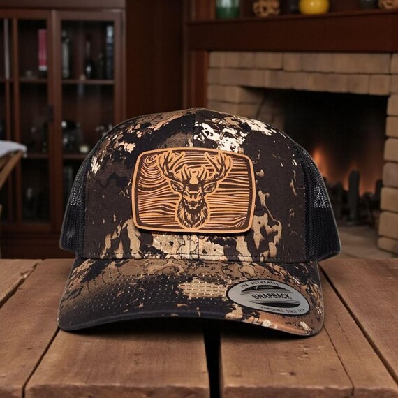 Deer Hunting Trucker Hat - Hunting Hat - Gift for Dad, Hunter & Outdoorsman - Buck Hat - Camo Deer Hat - Leather Patch Hat, Richardson 112