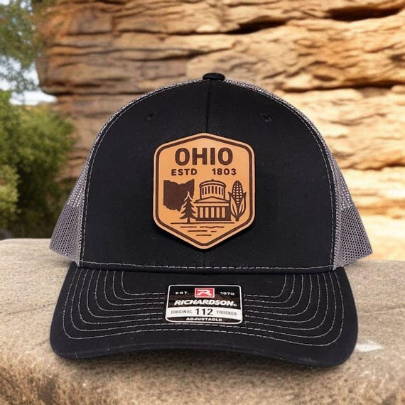 Ohio Hat - Ohio Trucker hat with Leather Patch - Handmade Midwest Trucker Hat for Dad - Buckeye State Pride Gift Husband - Richardson 112