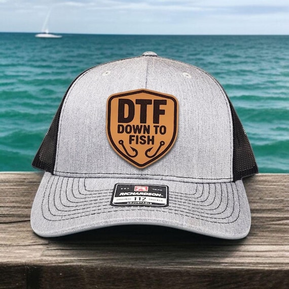 Funny Fishing Hat - DTF Down to Fish Trucker Hat - Fishing Gift for Men, Dad and Anglers - Camo Fishing Hat - Leather Patch Snapback Cap