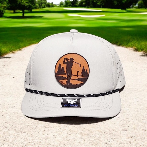 Golfing Rope Hat, Dad Hat, Golf Hat, Gift for Dad or Husband, Golf Gift Ideas, Golfing Cap, Hydro Rope Hat, Leather Patch hat with Golfer