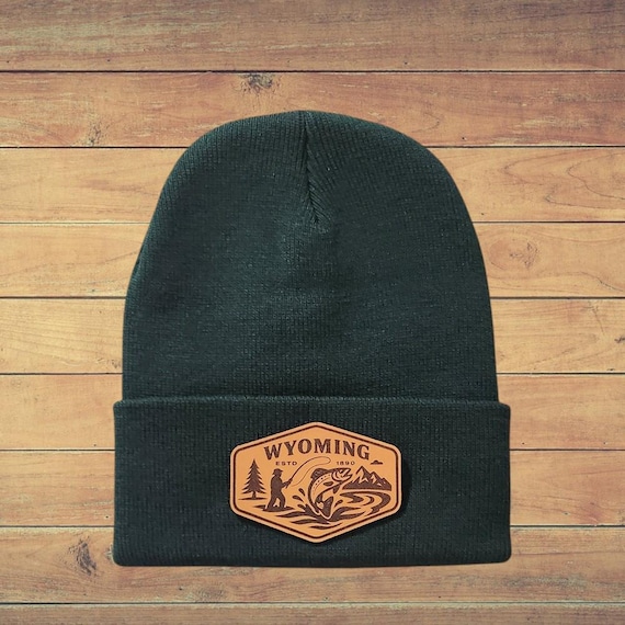Wyoming Beanie with Leather Patch - Wyoming Gift Ideas - Warm Outdoorsman Beanie - Wyoming Winter Hat for Men and Women - 12" Cuffed Beanie
