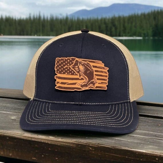 Fishing Hat with American Flag & Jumping Fish - Leather Patch Trucker hat - Patriotic Gift for Anglers, Outdoorsmen, Dad or Husband, Mom Hat