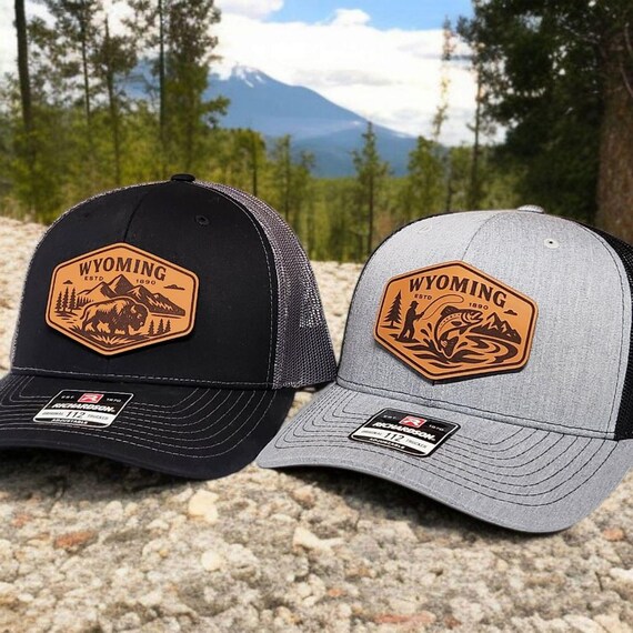 Wyoming Hat - Trucker Hat with Wyoming Leather Patch - Gift for Fishermen & Outdoorsmen - Wyoming Gift for Dad or Husband - Richardson 112