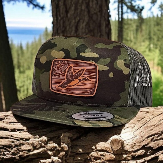 Duck Hunting Leather Patch Hat - Trucker Hat for Hunters - Gift for Duck Hunter - Outdoorsman Gift for Him, YP Classics Flat Bill Camo Hats