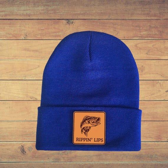 Fishing Beanie - Rippin Lips Funny Fishing Beanie - Fisherman Gift for Dad & Husband - 12" Sportsman Cuffed Winter Hat - Bass Fishing Beanie