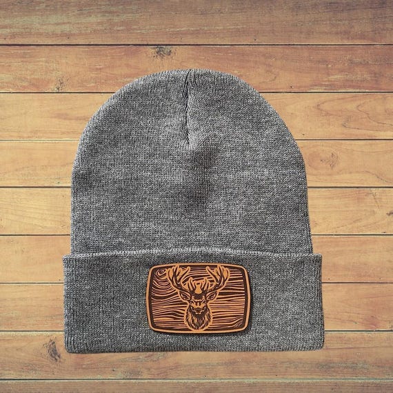 Hunting Beanie - Deer Hunting Beanie - Hunting Gift for Dad or Husband - Hunting Winter Hat with Leather Patch - 12" Cuffed Sportsman Beanie