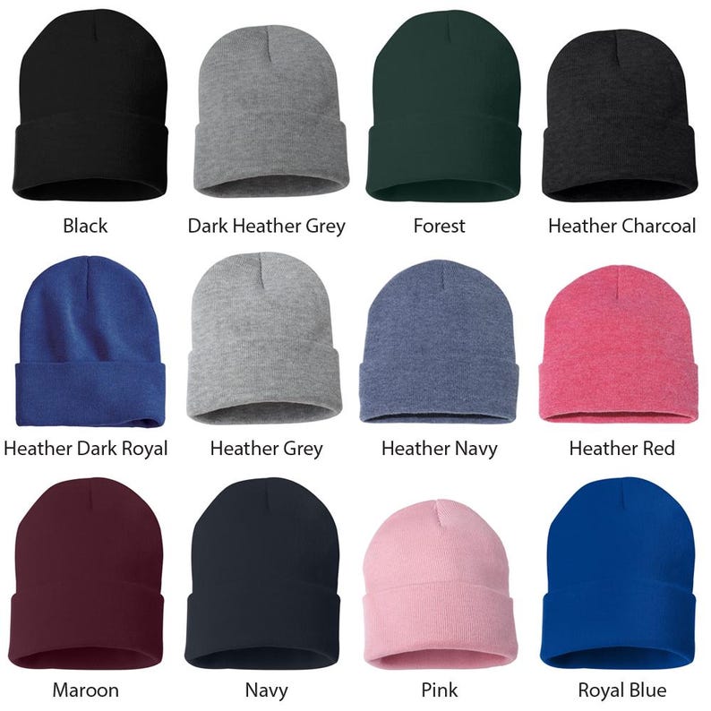 beanie colors, black beanie, heather grey beanie, red beanie, pink beanie, navy beanie, royal blue beanie, maroon beanie, charcoal beanie, green beanie