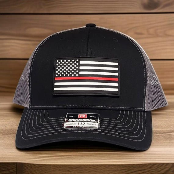 Thin Red Line Trucker Hat, Firefighters Gift, Fireman Red Line Hat, Firemen Gift, Firefighter Support Hat, PVC Patch Hat, American Flag Hat