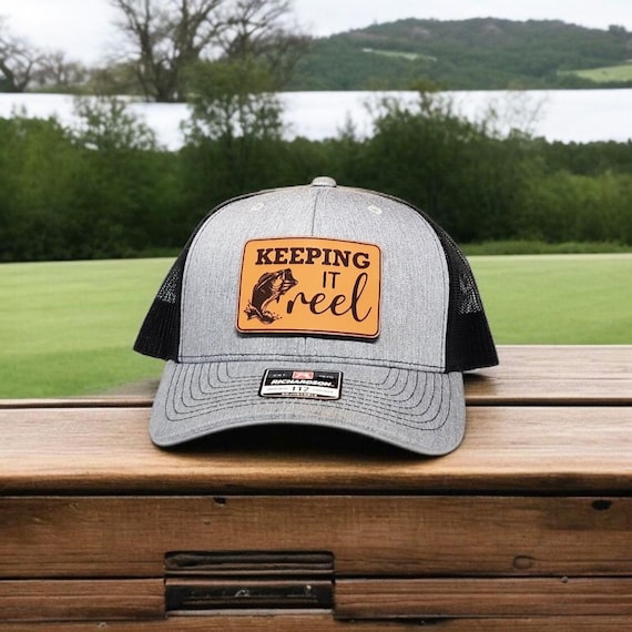 Fishing Trucker Hat, Keeping it Reel Funny Fish Hat, Leather Patch Hat, Fisherman Gift for Dad, Camo Fish Hat for Angler, Richardson 112