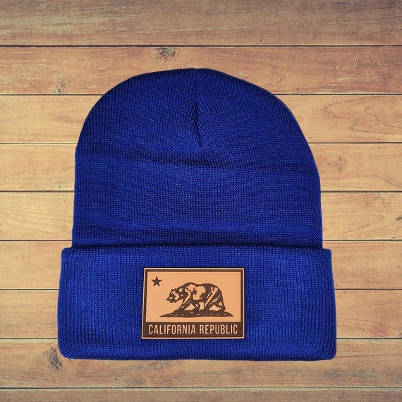 California Republic Beanie - California State Beanie - Gift Idea for Him or Her - Warm Winter Beanie - 12” Cuffed Winter Hat with Leather
