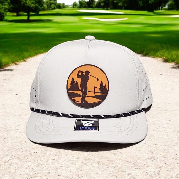Golf Hat - Rope Hat with Golfing Leather Patch - Gift for Dad, Husband and Golf Lover - Water & Sweat Resistant Golf Hat for Men - Golf Gift