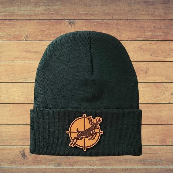 Deer Hunting Beanie with Leather Patch - Deer in Crosshairs Beanie - Hunting Gift for Dad, Husband or Outdoorsman - 12" Cuffed Winter Hat