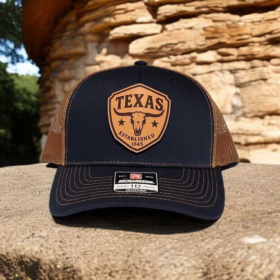Texas Trucker Hat, Texas Custom Leather Patch Hat, Snapback Hat, Gift for Dad Husband, Texas 1845, Camo Hat, Richarson 112 Baseball Cap