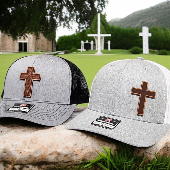 Christian Cross Hat - Leather Patch Trucker Hat - Faith Based Gift for Men and Women - Religious Hat - Richardson 112