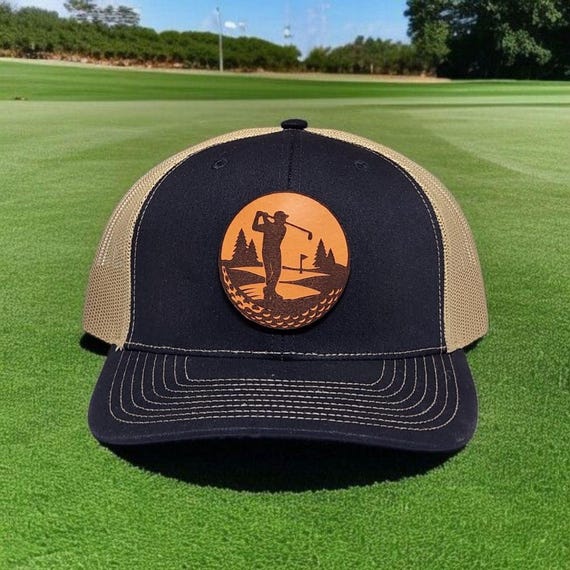 Golf Hat, Dad Hat, Trucker Hat with Golfer, Golfing Gift for Dad or Husband for Father's Day, Golf Cap, Golf Gift Ideas, Leather Patch Hat