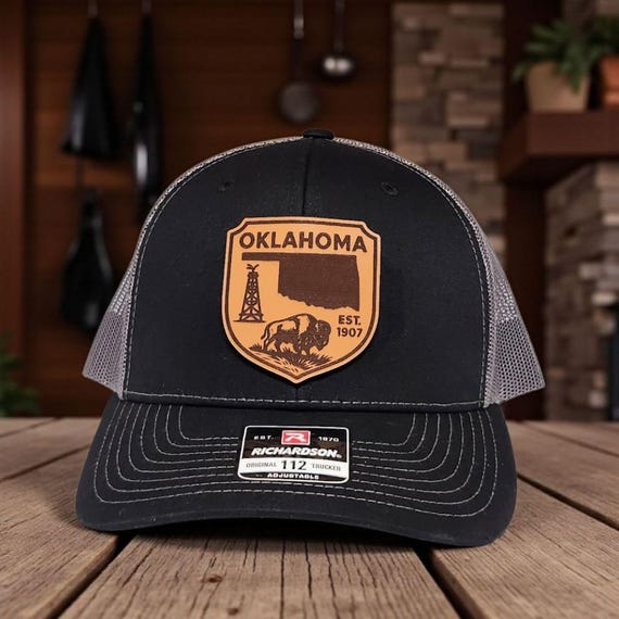 Oklahoma Trucker Hat with Leather Patch - Oklahoma Gift Idea - OK State Pride Hat - Adjustable Snapback for Men & Women - Richardson 112
