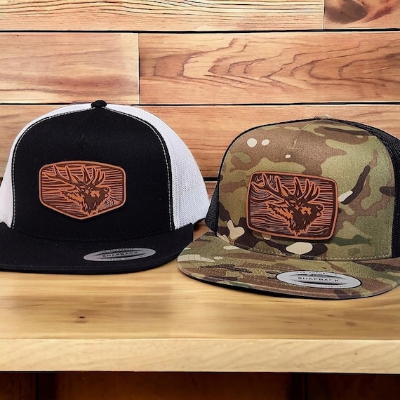 Flat Bill Elk Hunting Gift, Elk Hunting Hat, Custom Deer Trucker Hat, Camo Elk Hat, Hunting Gift for Dad, Leather Patch Hat, 5 Panel Hat