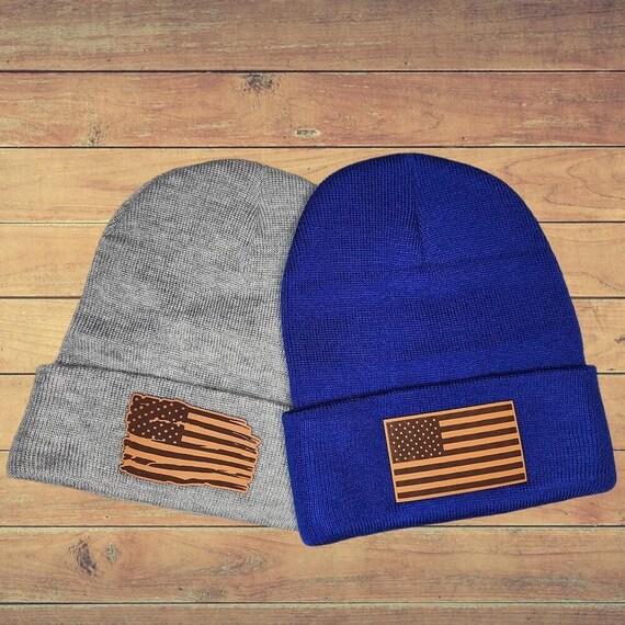 American Flag Beanie - Patriotic USA Pride Beanie - Beanie Gift for Men, Women and Veterans - 12” Cuffed Winter Hat with Leather Patch