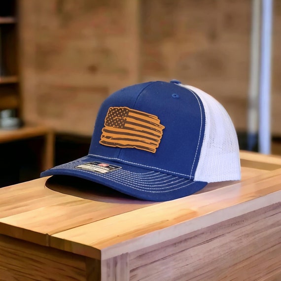 American Flag Trucker Hat - Leather Patch Snapback - Patriotic USA Cap for Dad, Husband, Outdoorsmen - Veterans & 4th of July Gifts