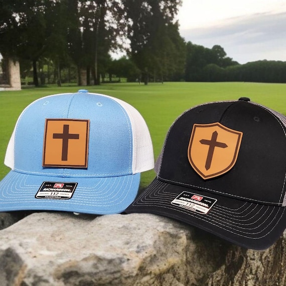 Christian Trucker Hat, Leather Patch Hat with Cross, Faith Hat for Men and Women, Religious Gift, Jesus Hat, Church Cap, Richardson 112
