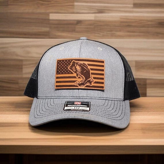 American Flag Fish Hat, Fishing Trucker Hat, Fisherman Gift, Camo Fish Hat, Hat for Dad or Husband, Youth Hats for Kids, Leather Patch Hat