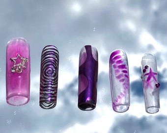 Y2K nail set Handpainted press on nails Y2K/goth | gothicnails | Halloween nails | punk pink nails | alt nails | junk nails | READ DISC**