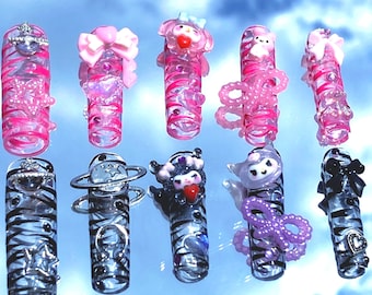 Y2K nail set Handpainted press on nails Y2K/goth | gothicnails | Y2K pink set | punk pink nails | alt style nails | junk nails | READ DISC**