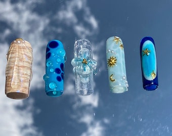 3d summer nails long square press ons summer | hand painted nails | custom press on nails | hand made Press on Nails | **READ DIS**