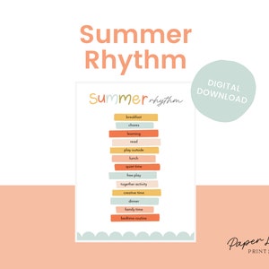 May include: A digital poster titled "Summer Rhythm" in peach and orange, listing daily activities like breakfast, chores, and bedtime routine in colourful blocks. A digital download circle is in the upper right corner. The Paper Lily Prints logo is at the bottom.