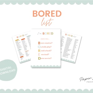 Summer Bored List Printable, I&#39;m Bored, Summer Bucket List for Kids, Kids Summer Activities, Summer Break Checklist, Summer boredom chart