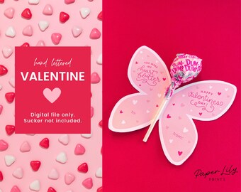 Cute Butterfly Valentine printable, Class Valentines, Lollipop Valentine, Printable Valentine, children's valentine, kids valentine exchange