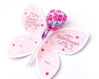 Printable Butterfly Valentine, Printable class valentines, girl valentines, kid's valentine exchange, sucker butterfly valentine