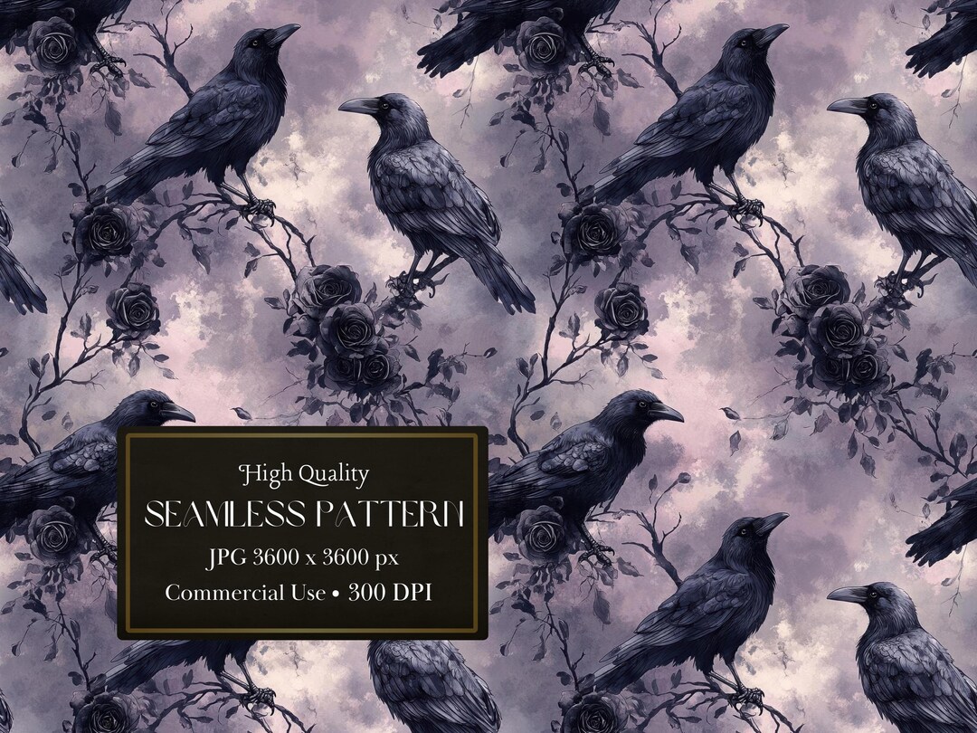 Dark Gothic Raven Pattern Seamless Digital Design for Witchy Halloween ...