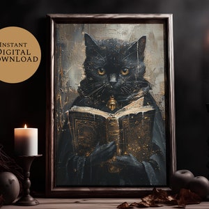Cat Print Vintage Poster Spooky Home Decor Black | Cat Painting Spooky Home Decor Surreal | Art Vintage Halloween Dark Academia