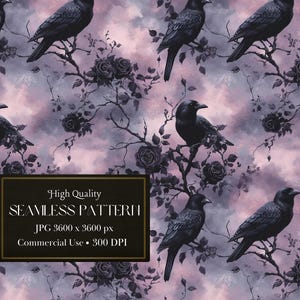 May include: A seamless pattern featuring black crows perched on branches with purple and pink watercolour clouds in the background. The pattern also includes black roses and leaves.